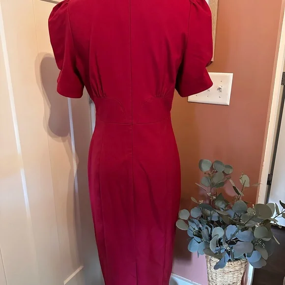 ASOS cranberry fitted puff sleeves back zipper back slit 8 midi pleats dress - Picture 7 of 14